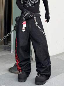 1 pieza Jeans de pierna ancha con bordado de estilo callejero de moda para hombres, suelto y cómodo, versátil para todas las estaciones (No se incluye cinturón ni accesorios) - Negro - Ver 7