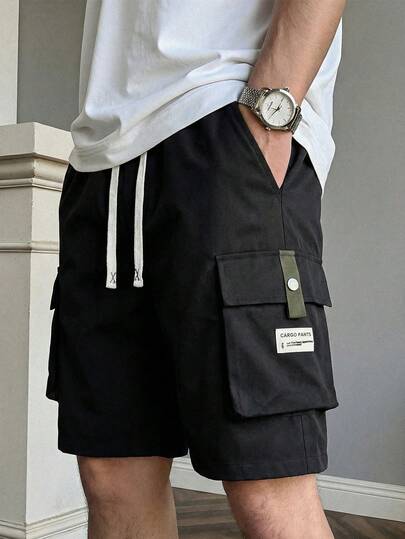 男士休闲抽绳纯色工装短裤，夏季百搭
