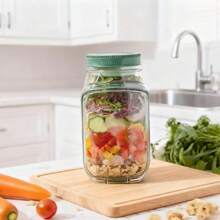 32oz Salad Mason Jar With Side Spout And Leak-Proof Lid, Microwave, Dishwasher & Fridge , Sealed Salad Container With Condiment Tray, Stackable Design, Great For Meal Prep, Lunch & Dinner - Multicolor - View 2