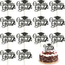 10pcs Glitter Graduation Cake Decorations, Shiny Graduation Cap Food Picks, Suitable For High School & University 2026 Graduation Theme Desserts, Applicable For Graduation Ball Party Supplies - Black - View 1