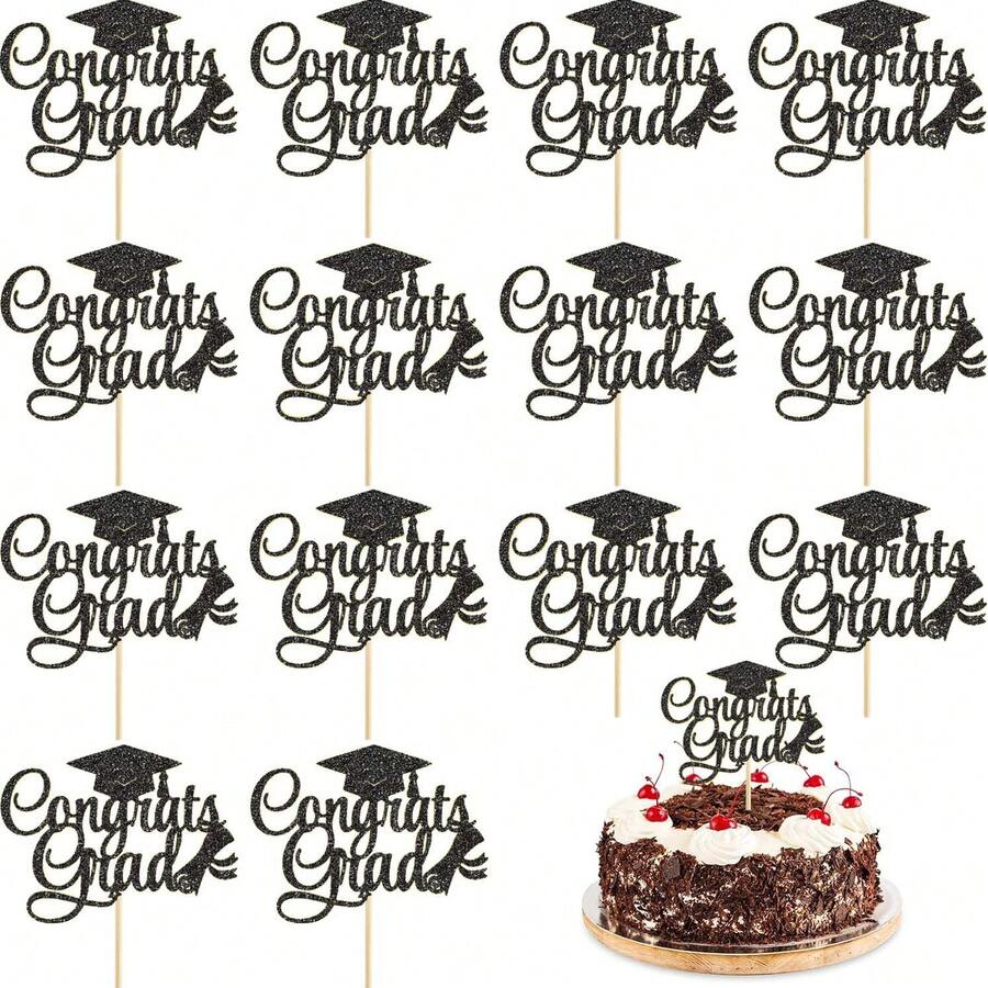 10pcs Glitter Graduation Cake Decorations, Shiny Graduation Cap Food Picks, Suitable For High School & University 2026 Graduation Theme Desserts, Applicable For Graduation Ball Party Supplies - Black - View 1