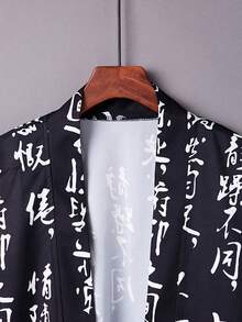 Chinese Style Retro Cursive Script Print Casual Modified Tang Suit Hanfu Robe Lightweight Summer Beach Sunscreen Jacket, Japanese Loose Thin Cardigan - Black - View 3