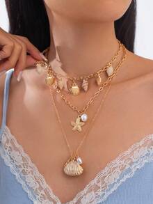 3件套海洋度假风几何链项链，饰有贝壳、海星、扇贝和仿珍珠吊坠，优雅奢华，适合婚礼、派对、海滩、日常休闲、街头风格，女士及情侣礼物 - 金色 - 查看 4