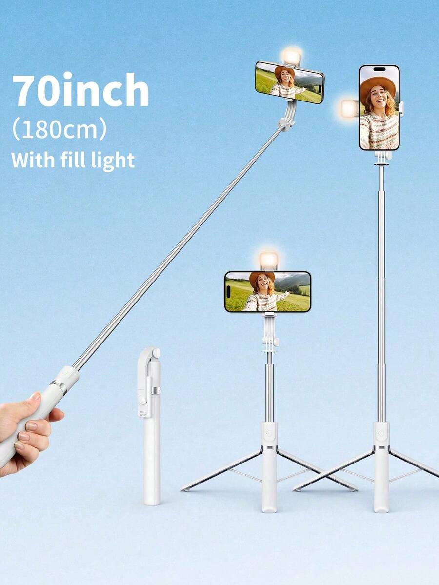 1.8m Portable Selfie Stick With LED Multi-Color Fill Light,, Retractable Tripod And Wireless Function. Made Of Durable ABS And Aluminum Alloy. Portable Remote Control Smart Phone Selfie Stick For Vlogging, Travel, Outdoor Photography, Compatible With