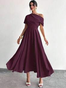 Women Off-The-Shoulder, Short-Sleeved, Pleated, Long, Shimmering Crepe Dress., 31119 - Burgundy - View 1