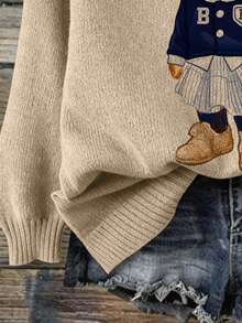 Nuevo Llegado de Primavera 2026 Suéter de Punto Casual con Cuello Redondo y Manga Larga con Estampado Gráfico de Oso, Estilo Universitario - Multicolor - Ver 4