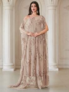 Elegant Batwing Sleeve Women's Robe, Made Of Pleated Chiffon Fabric With Contrasting Sequin Details - Mocha Brown - View 5