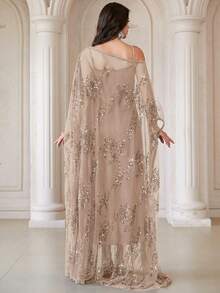 Elegant Batwing Sleeve Women's Robe, Made Of Pleated Chiffon Fabric With Contrasting Sequin Details - Mocha Brown - View 2