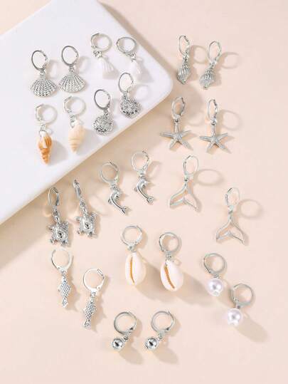13pcs/Set Fashion Beach Ocean Series Starfish Shell Turtle Dolphin Fish Pendant Earrings Set For Women, Daily & Holiday Accessories