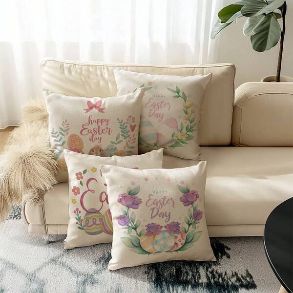 4pcs Easter Style Pillow Covers, Easter Eggs & Bunny Print Pattern, Vintage Linen Material Cushion Cases, Hidden Zipper Closure, Machine Washable, Home Decorative Throw Pillow Covers For Sofa, Living Room, Bedroom, No Pillow Insert