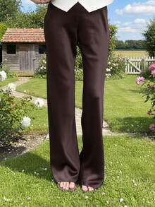 Pantalones para Mujer Marrón Sólidos, Cintura Elástica y Pierna Ancha Larga, Elegantes para Uso Casual y Fin de Semana en Verano - Marrón oscuro - Ver 3