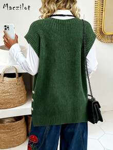 Áo len chui đầu không tay cổ chữ V thoải mái, dáng rộng cho nữ cỡ lớn - màu xanh lá - Xem 4