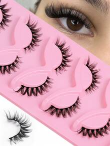 5 Pairs 5D Thick & Dense False Eyelashes, Natural Look, DD Curled & Fluffy Fake Lashes, Cat Eye Lashes, Faux Mink Lashes, Fluffy Cartoon Eyelashes, Makeup Tools, Suitable For All Occasions, Curled & Voluminous Lashes - Black - View 3