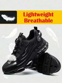 Wide Fit Men's Safety Shoes, Steel Toe Shoes, Work Shoes With Rotary Button, Black Cushioned Anti-Crush Sports Shoes, Hiking Shoes, Anti-Puncture Industrial Construction Protective Labor Protection Shoes, Comfortable Breathable Security Work Boots, - 黑色 - 查看 5