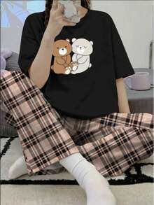 Conjunto de top de manga corta y pantalones de verano para adolescentes, conjunto de ropa con estampado de conejo de dibujos animados y cuello redondo - Negro - Ver 5