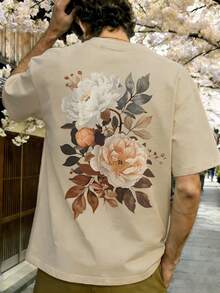 男士东方绘画花卉印花休闲圆领短袖上衣 - 杏色 - 查看 4