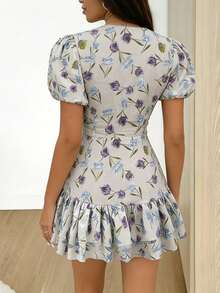 Women's Spring/Summer New Bohemian Elegant Fashion Casual Puff Sleeve Splice Collar Print Single-Breasted Metal Button Pleated Fitted Mini Dress, Women's Christmas Dress, New Year Dress, Elegant Party Dress, Women's Elegant Dress, Women's Casual Dress, Women's Winter Layered Dress, Comfortable Casual Dress, Printed Dress, Floral Dress, Valentine's Day Dress, Spring/Summer Apparel, Sexy Mini Dress - Grey - View 7