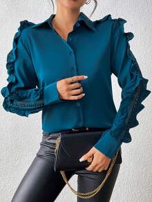 Áo kiểu tay dài cổ bẻ phối ren xếp nếp màu trơn thanh lịch, thích hợp cho mùa thu. - Màu xanh ngọc - Xem 2