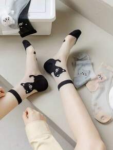 5 Pairs Women's Cute Bear Design Comfortable Personalized Silk Mid-Calf Socks, Spring/Summer - Multicolor - View 2