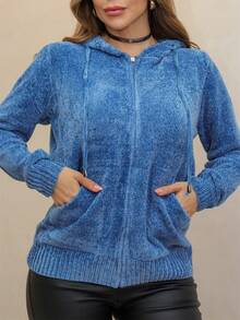 Women's Long Sleeve Hooded Jacket With Zipper, Mousse Winter 3RD SD3023 - Blue - View 2