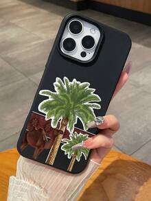 Eid Mubarak Phone Case, Camel & Date Palm Tree Pattern, Black Matte Faux Leather Texture TPU Anti-Slip Anti-Fingerprint, Arabian Desert Oasis Aesthetic Phone Case Compatible With Apple & - Black - View 3