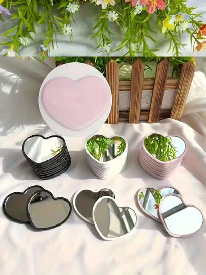 1/3/6/10/20/30/50 piezas Espejo de bolsillo con forma de corazón, diseño minimalista moderno, alta definición, mini espejo de maquillaje, dormitorio estudiantil, regalo para mujer, opciones de color rosa-blanco-verde-negro