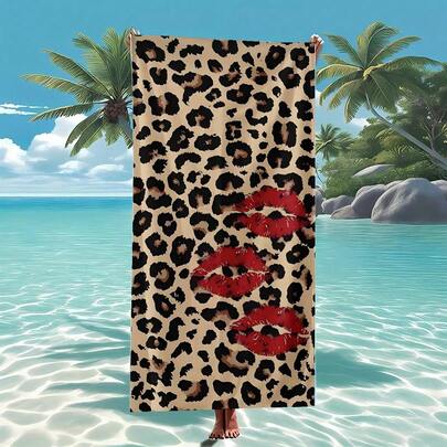 1pc Leopard Print Beach Towel - Quick-Dry & Super Absorbent Polyester With Red Lip Design, Ideal For Yoga, Travel, Swimming, Fitness, Camping, Beach Vacation, Perfect Easter Or Birthday Gift, Summer Holiday Or Beach Essentials, Machine Washable, Easy To Care