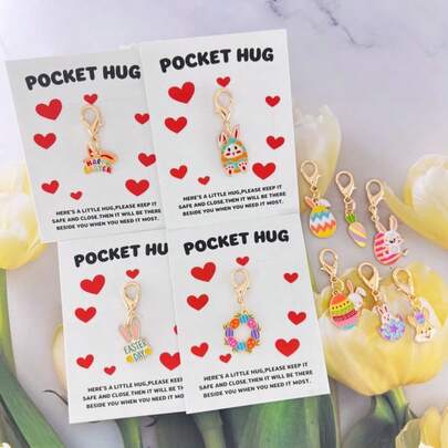 10pcs Easter Gift Cute Rabbit Alloy Keychain Set, Heart Pocket Hug Card (With Keychain) - Lobster Clasp, Durable Zinc Alloy | Ideal For Students/Workers/Friends | Suitable For Birthday, Exam, Graduation, Daily Encouragement, Holiday Blessings, Long-Distance Care | - Thoughtful Gift For Women, Teachers, Moms, Best Friends