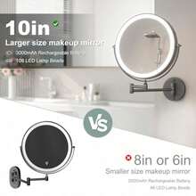 Espejo de Tocador Montado en la Pared de 10 Pulgadas con Aumento, Recargable 3000 mAh, 3 Modos de Luz y Brillo Regulable, Brazo Ajustable, Ideal para Baño o Dormitorio - Negro668 - Ver 1