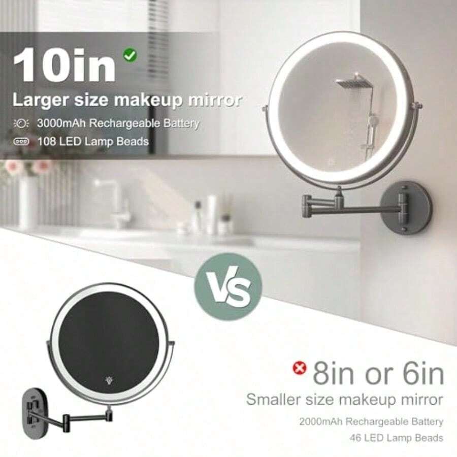Espejo de Tocador Montado en la Pared de 10 Pulgadas con Aumento, Recargable 3000 mAh, 3 Modos de Luz y Brillo Regulable, Brazo Ajustable, Ideal para Baño o Dormitorio - Negro668 - Ver 1