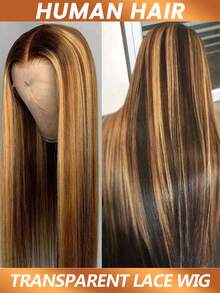 渐变色蕾丝前假发，真人发，13x4直发挑染假发，真人发，4/27色蜂蜜金透明蕾丝前假发，女士款，180%密度 - SP4/27 - 查看 6