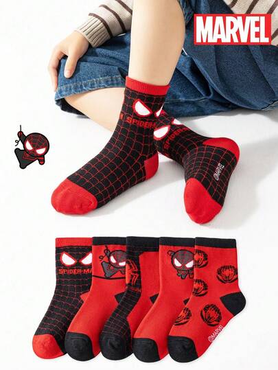  5 Pairs Marvel Superhero Venom & Spider-Man Socks, Cartoon Style Mid-Calf Socks For Boys & Girls, Autumn/Winter