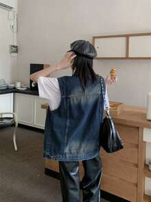 Vintage Minimalist Distressed Layered Loose Casual Sleeveless Denim Vest Jacket Summer - Blue - View 5