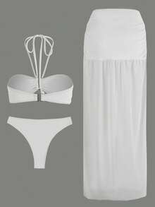 Bộ bikini 3 mảnh màu trắng thời trang năm 2026, gồm áo maxi xẻ tà xuyên thấu, bộ đồ bơi mùa hè gợi cảm cho các bữa tiệc bãi biển, hồ bơi và khu nghỉ dưỡng. - trắng - Xem 6