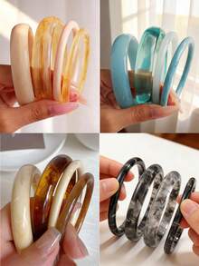 4 peças/3 peças Conjunto Vintage Punk Geométrico Assimétrico Pulseira de Resina Marrom, Café, Azul, Amarelo Acrílico Semi-Transparente Espessa, Personalizada Minimalista Elegante Adequada para Mulheres e Homens, Presente para Festa, Jantar, Dia a Dia (Padrão de Resina Aleatório) - Multicolorido - Visão 2