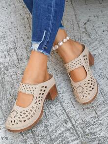 女士镂空雕花厚跟穆勒鞋，复古闭趾套脚凉鞋 - 卡其色 - 查看 2