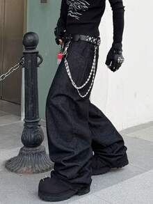 1 pieza Jeans de pierna ancha con bordado de estilo callejero de moda para hombres, suelto y cómodo, versátil para todas las estaciones (No se incluye cinturón ni accesorios) - Negro - Ver 6