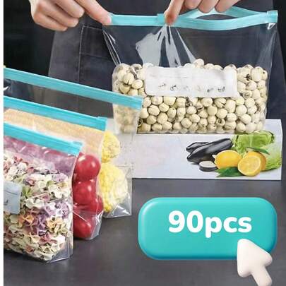 90pcs Reusable Airtight Food Storage Bags (10 Large + 15 Medium + 20 Small), Thick Freezer Bags, Microwave , Blue, Long-Lasting Fresh Keeping And Organizing, Clear PE Zipper Bags, Suitable For Kitchen Food Categorization And Snack Storage