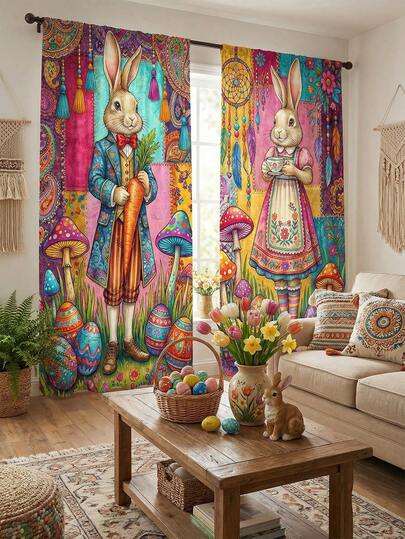 2pcs-Easter Bunny Curtain Set: Boho Colorful & Watercolor Vintage Print Design – Light-Filtering Fabric Ideal For Living Room/Kitchen/Study Window Decor, Easter Holiday Gathering Accent & Seasonal Home Decoration