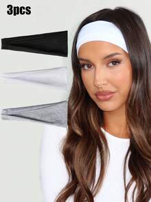 3pcs/Pack Women Casual Solid Color Headbands, Black/White/Gray, Breathable & Absorbent Sports Headbands For Running, Fitness, Elastic Hair Bands - Multicolor - View 1