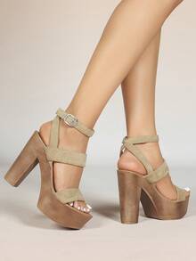 2026 Women's Summer New Fashion Sexy Strap Buckle Open Toe High Heel Sandals With Waterproof Platform And Thick Heel - Màu Khaki - Xem 3