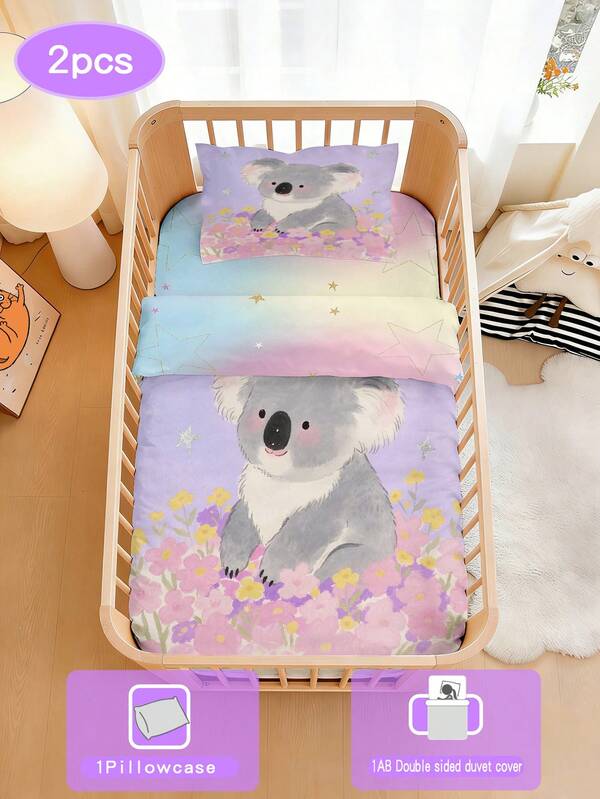 1 Set Of Baby Duvet Covers With Cute Koala Patterns, Polyester Material, Digital Printing, Suitable For Babies, Gifts, All Seasons, Animals, Baby Beds, Including 1 Double-Sided Duvet Cover And 1 Single-Sided Pillowcase.