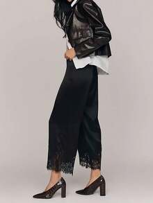 Women's Lace Satin Lounge Pants Elastic Waist Loose Wide Leg Casual Solid Color Lace Patchwork Pants ,Suitable For Vacation, Office, Brunch, Airport Outfit,Summer Going Out - 黑色 - 查看 2