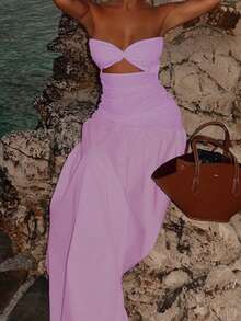 性感休闲无肩带镂空A字度假连衣裙，春夏优雅 - 紫色 - 查看 3