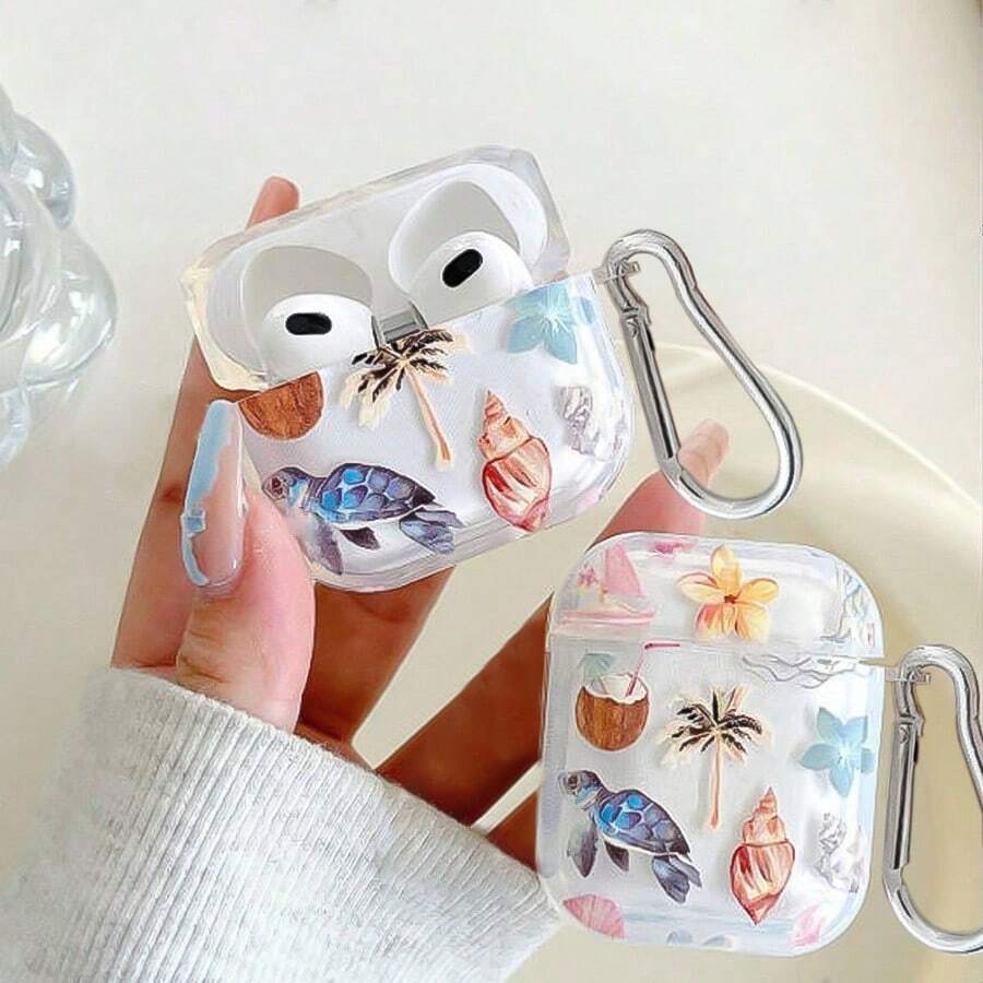 Turtle, Coconut, Shell Earphone Case, Beach Elements Earphone Case, Transparent Earphone Case With 1 Earphone Case Hanger Clip, Compatible With AirPod Case, Headphones, Compatible With AirPod Pro 3 Case, Compatible With AirPod Pro (2nd Generation), Compatible With AirPod 3, Compatible With AirPod Pro, Compatible With AirPod 1/2, Compatible With AirPod 4 Case Cover - Multicolor - View 1