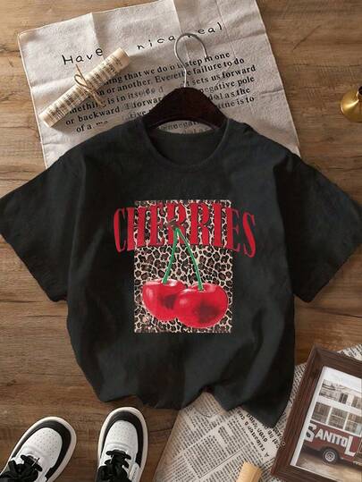 Plus Size Women Leopard Cherry Print Slogan Round Neck Casual Short Sleeve T-Shirt, Graphic Tee, Summer Top, Blouse, Women Summer Clothing