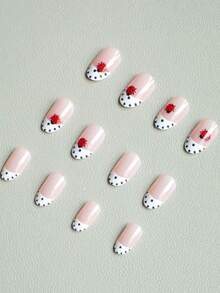 24片短款椭圆形按压式美甲贴片，法式波点短款美甲，瓢虫图案，亮面全覆盖假指甲，DIY美甲用品，适合女性日常佩戴、约会、秋冬季派对等场合。 - 紅白色 - 查看 3