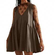 Women Sleeveless Mini Dress Summer Casual Loose V Neck Sundress With Pockets - Cà phê - Xem 2