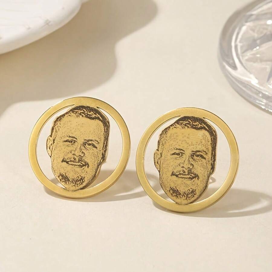 Custom Photo Earrings, Personalized Image 304 Stainless Steel Earrings, Men's Jewelry, Daily Wear, Ideal For Couples, Family, Anniversary Gift - Gold - View 1