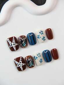10片手工方形短指甲贴，波点海星图案棕色指甲贴，手绘花卉亚克力美甲贴纸，美甲饰品，可重复使用的不对称图案线条贴纸，闪亮金色铆钉 - 适合女性和女孩，派对、婚礼、日常佩戴、DIY美甲，包含工具包。手工美甲贴纸。假指甲。美甲用品 - 摩卡棕 - 查看 2